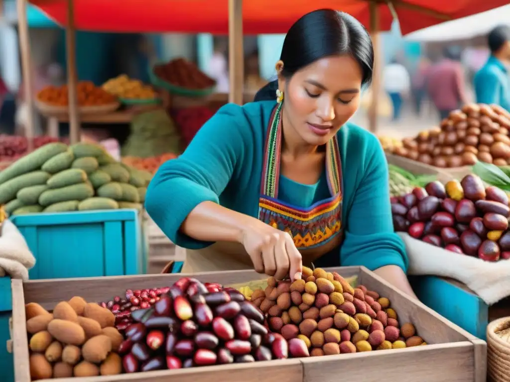 Peruana seleccionando tamarindo en mercado vibrante Una mujer peruana selecciona tamarindos en un mercado vibrante