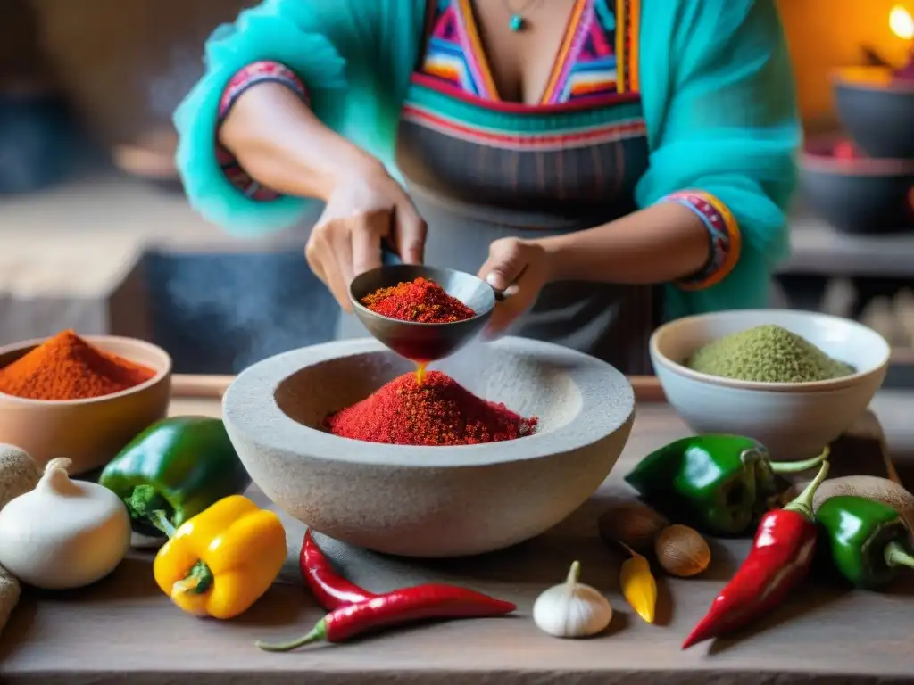 Una mujer peruana tradicional muele auténticos ajíes y ingredientes peruanos en un molcajete de piedra, en una cocina rústica