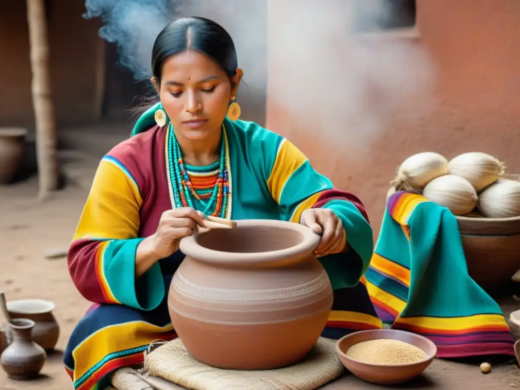 Una mujer peruana tradicional preparando la bebida ancestral chicha de jora con maíz fermentado en una olla de barro