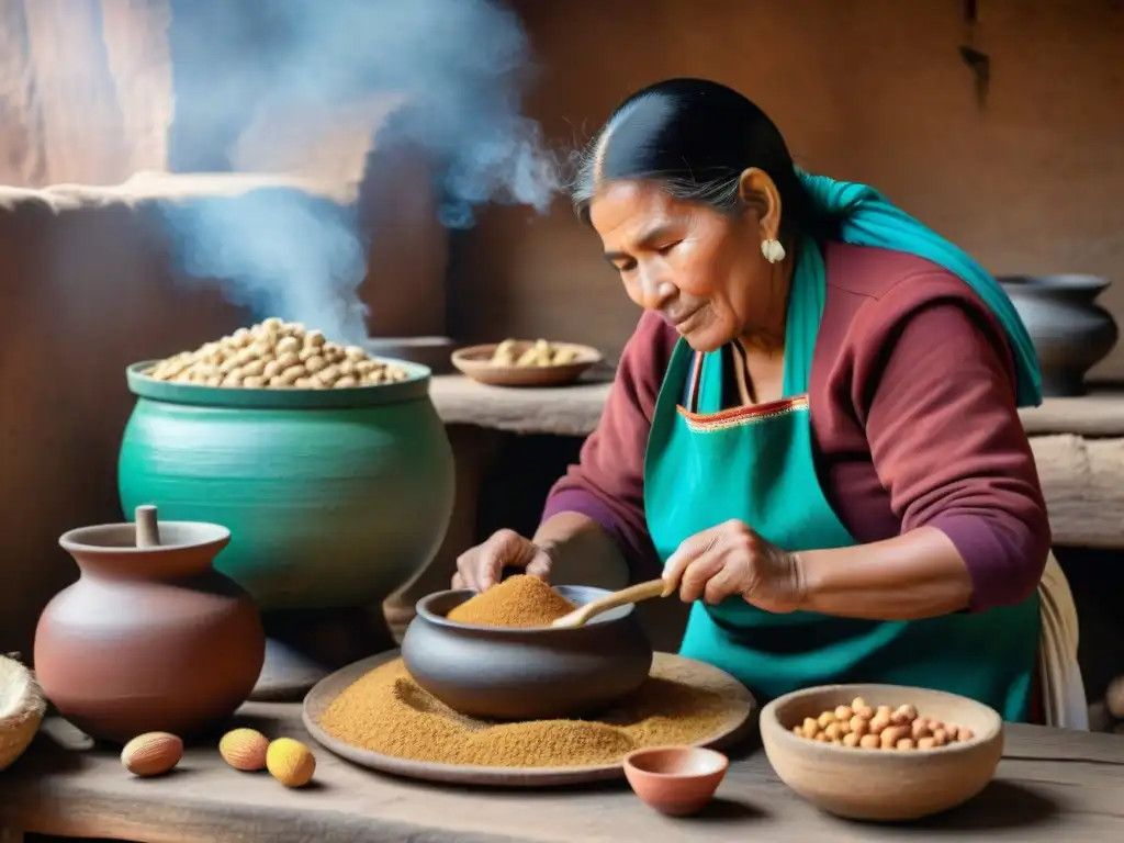 Una mujer peruana tradicional hace chicha de maní en cocina rústica de Perú