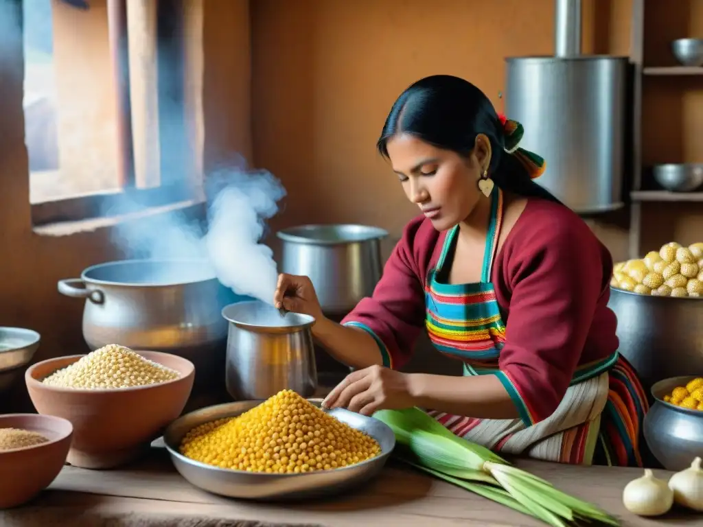 Una mujer peruana tradicional preparando chicha de jora en una cocina rústica