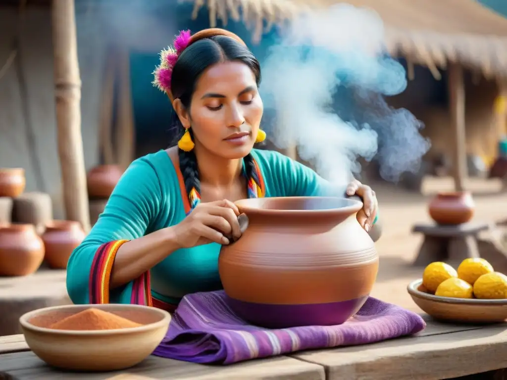 Una mujer peruana tradicional fermentando chicha de jora bajo el sol, rodeada de ingredientes locales en un mercado costeño