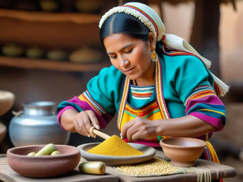 Una mujer peruana tradicional muele maíz para preparar Chicha de Jora bebida ancestral, destacando sus manos hábiles y la cocina rustica