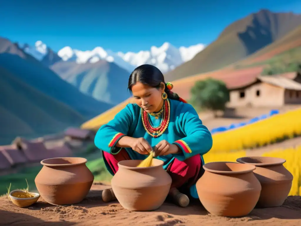 Una mujer peruana tradicional preparando Chicha de Jora bebida ancestral en los Andes