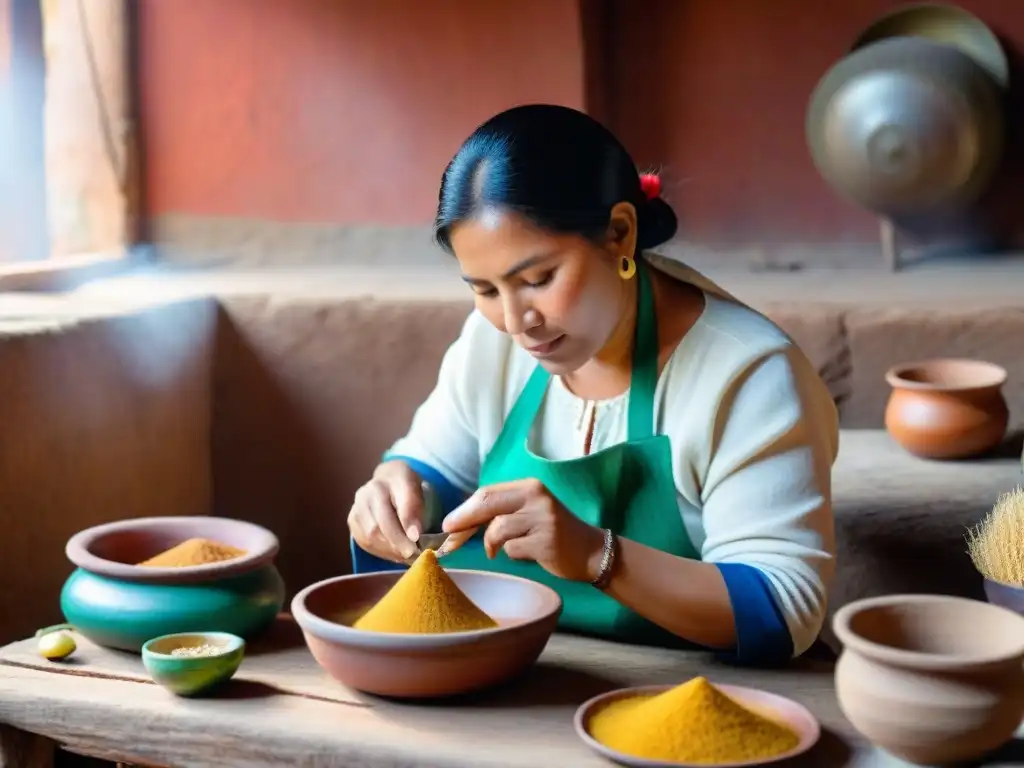 Una mujer peruana tradicional preparando Chicha de Jora en una cocina rústica, mostrando el proceso ancestral de esta bebida