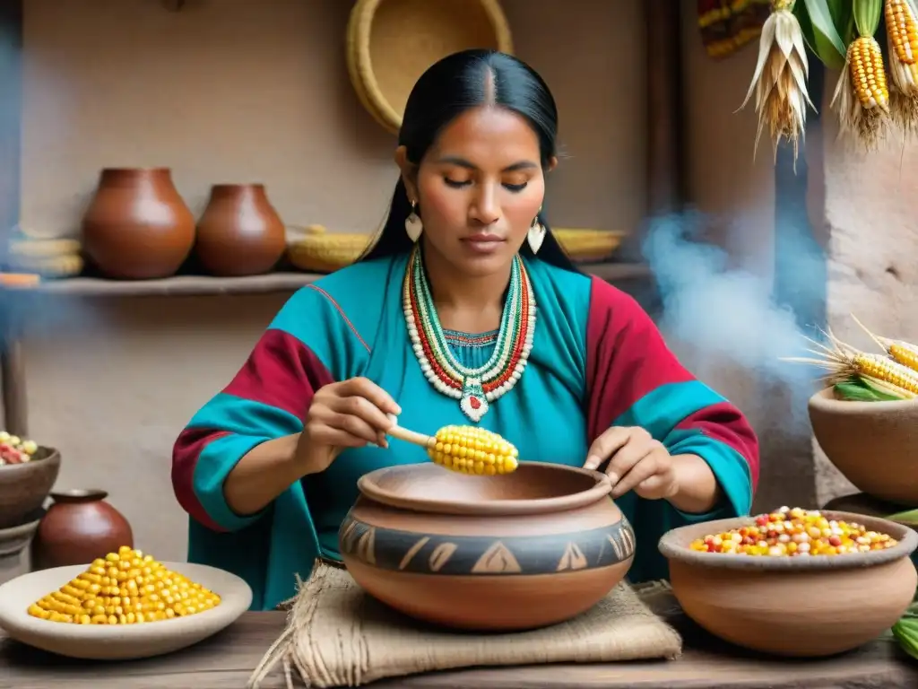 Una mujer peruana tradicional prepara chicha de jora en una vasija inca, rodeada de maíz vibrante