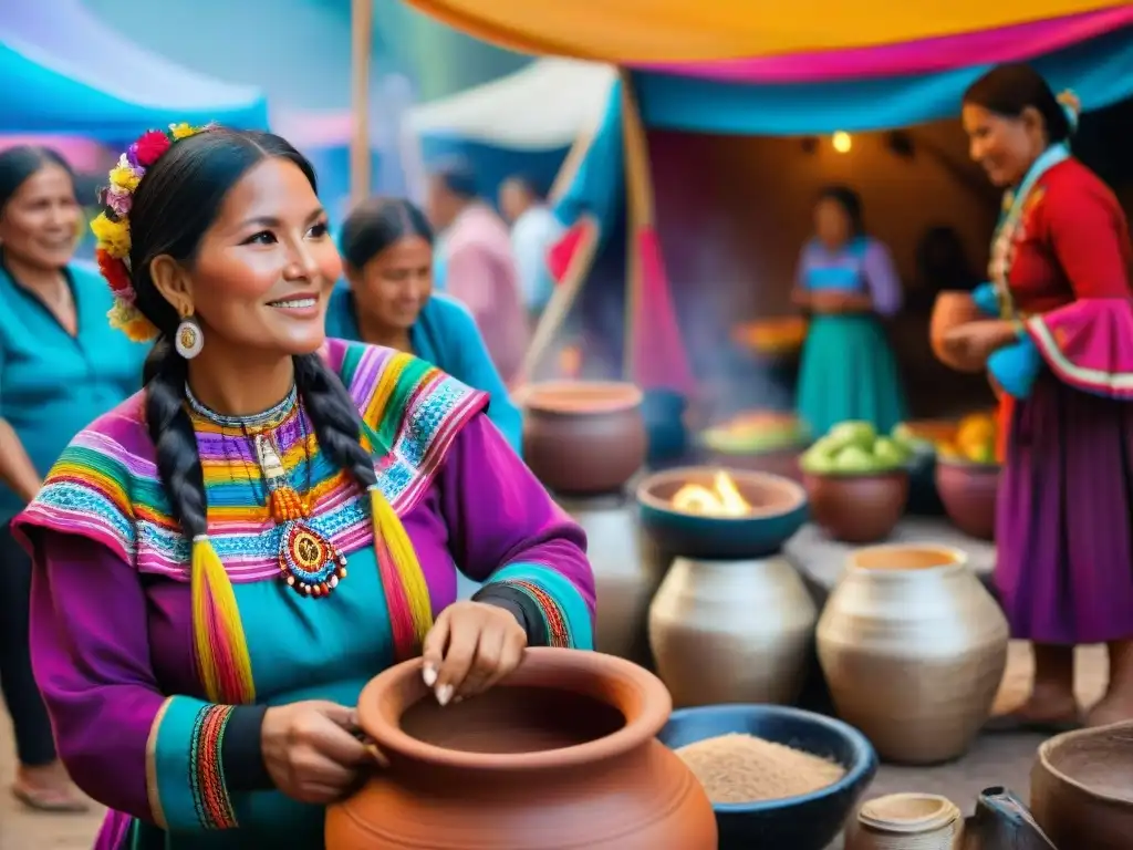 Una mujer peruana tradicional preparando chicha morada en festival