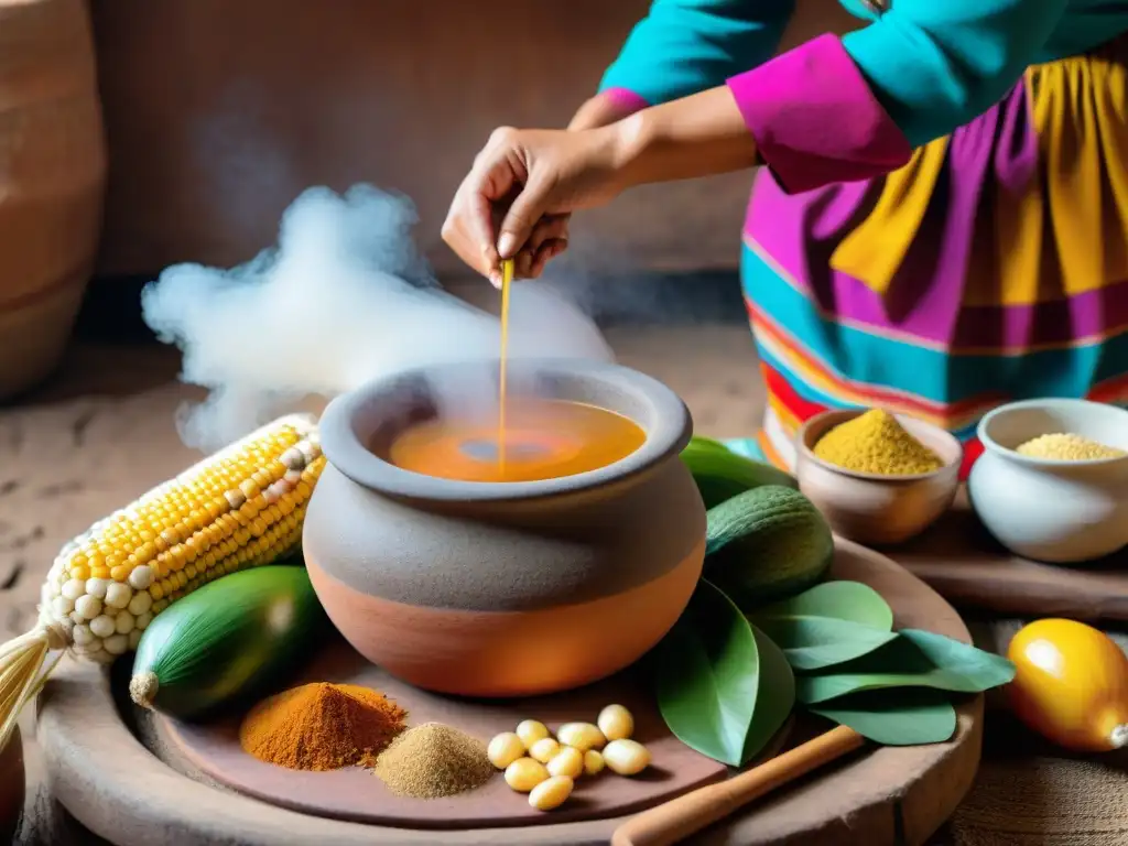 Una mujer peruana tradicional prepara chicha de jora en una cocina de adobe