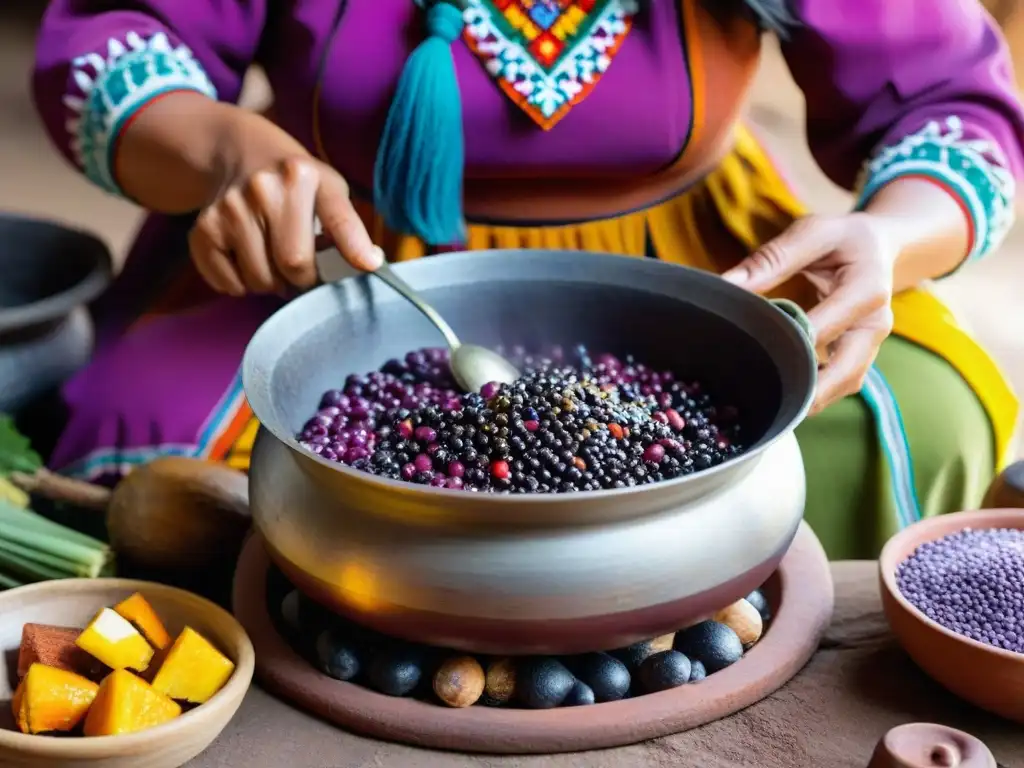 Una mujer peruana tradicional prepara chicha morada en una cocina acogedora