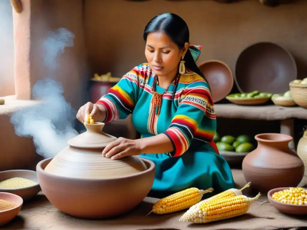 Una mujer peruana tradicional preparando chicha en una cocina andina