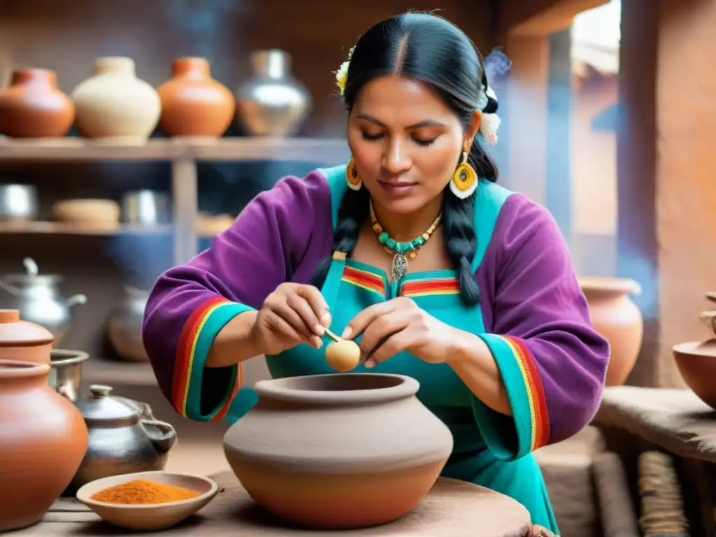 Una mujer peruana tradicional elaborando chicha en una cocina rústica, resaltando la historia de bebidas peruanas autóctonas