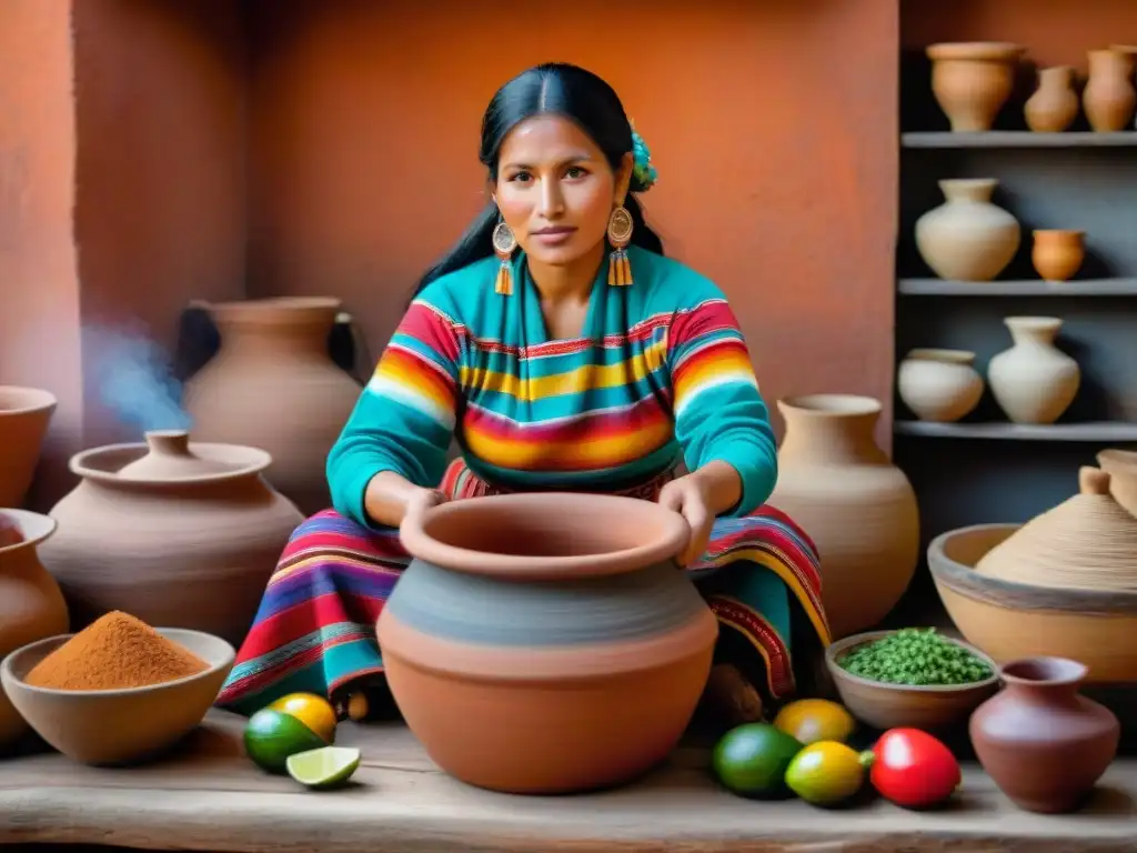 Una mujer peruana tradicional preparando chicha en olla de barro, resalta la historia de bebidas peruanas autóctonas