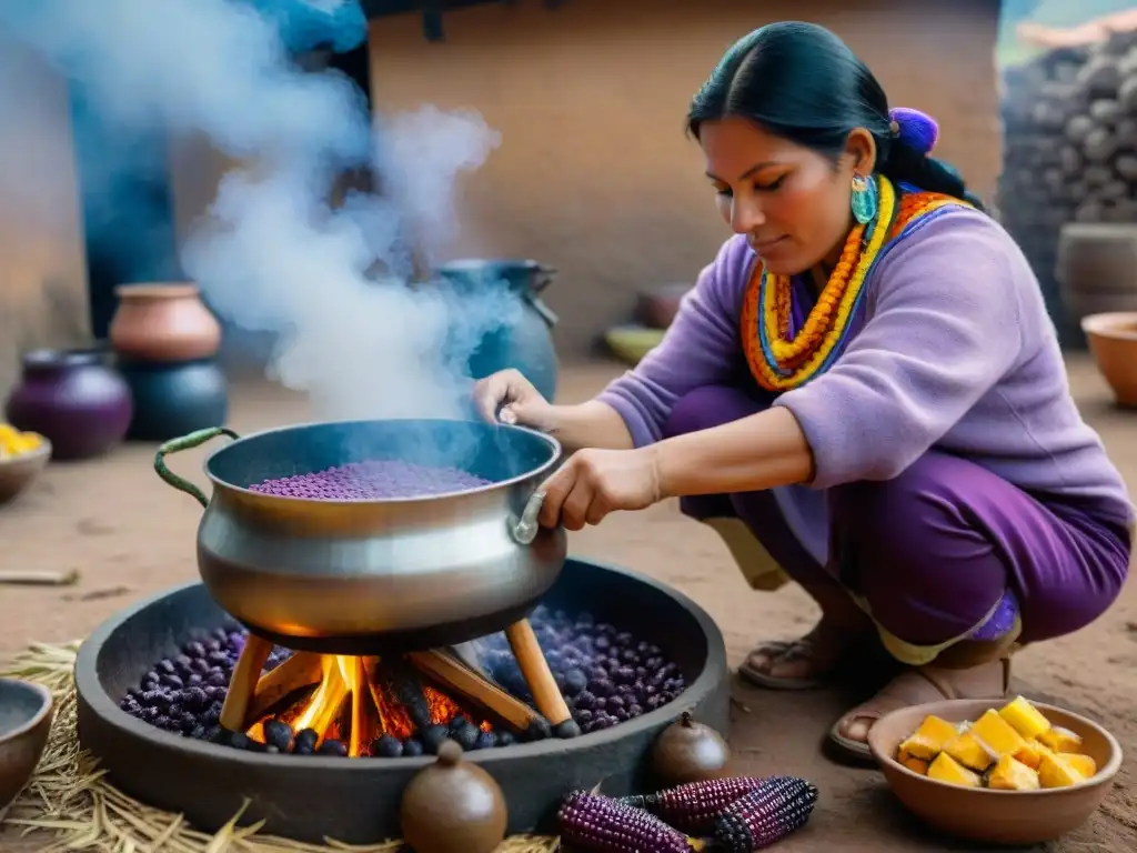 Una mujer peruana tradicional preparando Chicha Morada en una cocina Andina