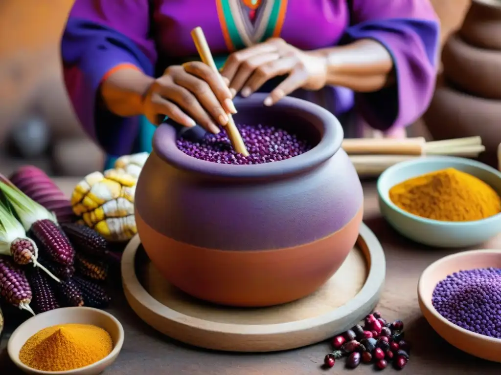 Una mujer peruana tradicional preparando chicha morada con propiedades antioxidantes, rodeada de ingredientes naturales y coloridos