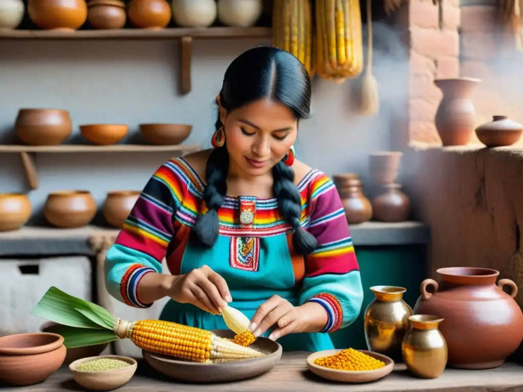 Una mujer peruana tradicional preparando chicha en una cocina rústica