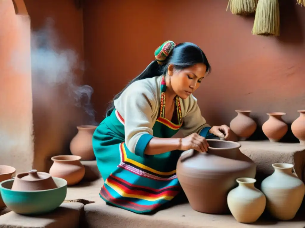 Una mujer peruana tradicional preparando chicha en una cocina rústica con utensilios autóctonos