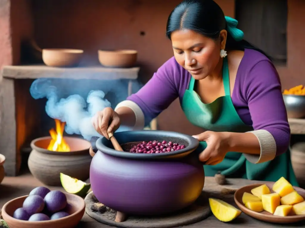 Una mujer peruana tradicional prepara chicha morada en una cocina rústica, reflejando siglos de sabiduría ancestral