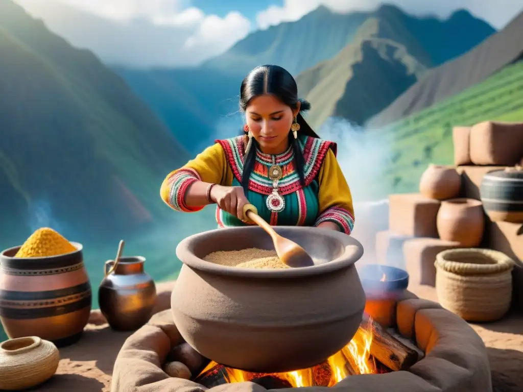 Una mujer peruana tradicional preparando Chicha de Jora autóctona peruana en un paisaje andino vibrante