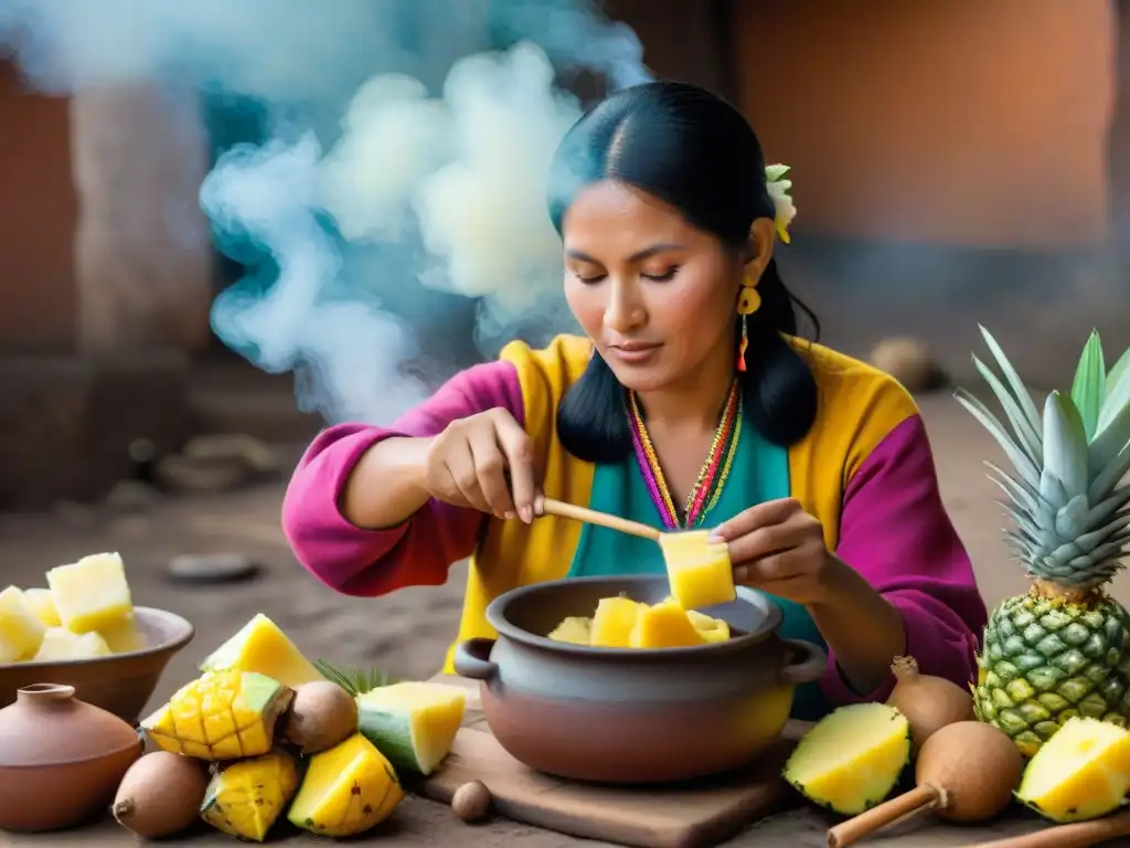 Una mujer peruana tradicional preparando chicha de piña con pasión y destreza