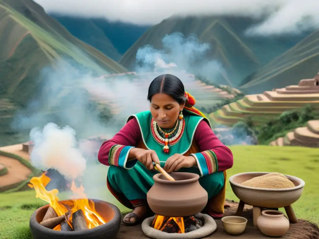 Una mujer peruana tradicional prepara chicha de jora en un paisaje andino