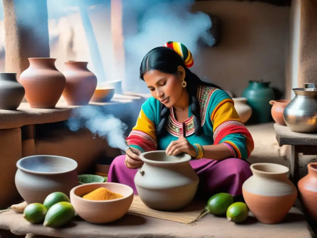 Una mujer peruana tradicional prepara chicha de jora en una cocina rústica