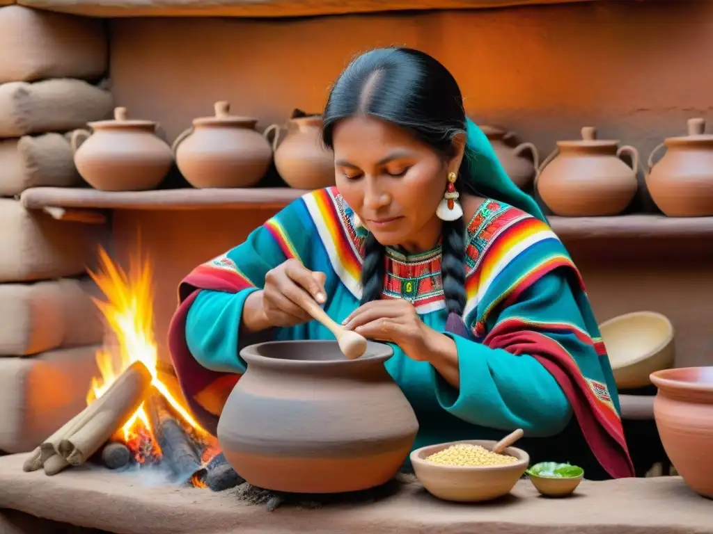 Una mujer peruana tradicional prepara chicha de jora con cuidado en cocina rústica