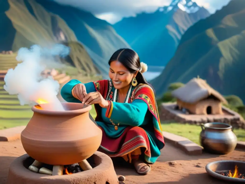 Una mujer peruana tradicional prepara Chicha de Jora autóctona peruana en un pueblo andino