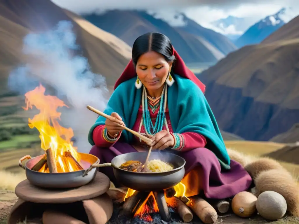 Una mujer peruana tradicional cocina un delicioso Chupe de Quinua en los Andes, mostrando los beneficios y el sabor de esta receta icónica