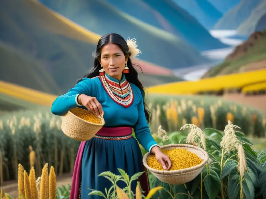 Una mujer peruana tradicional cosecha quinua en un campo soleado, rodeada de montañas