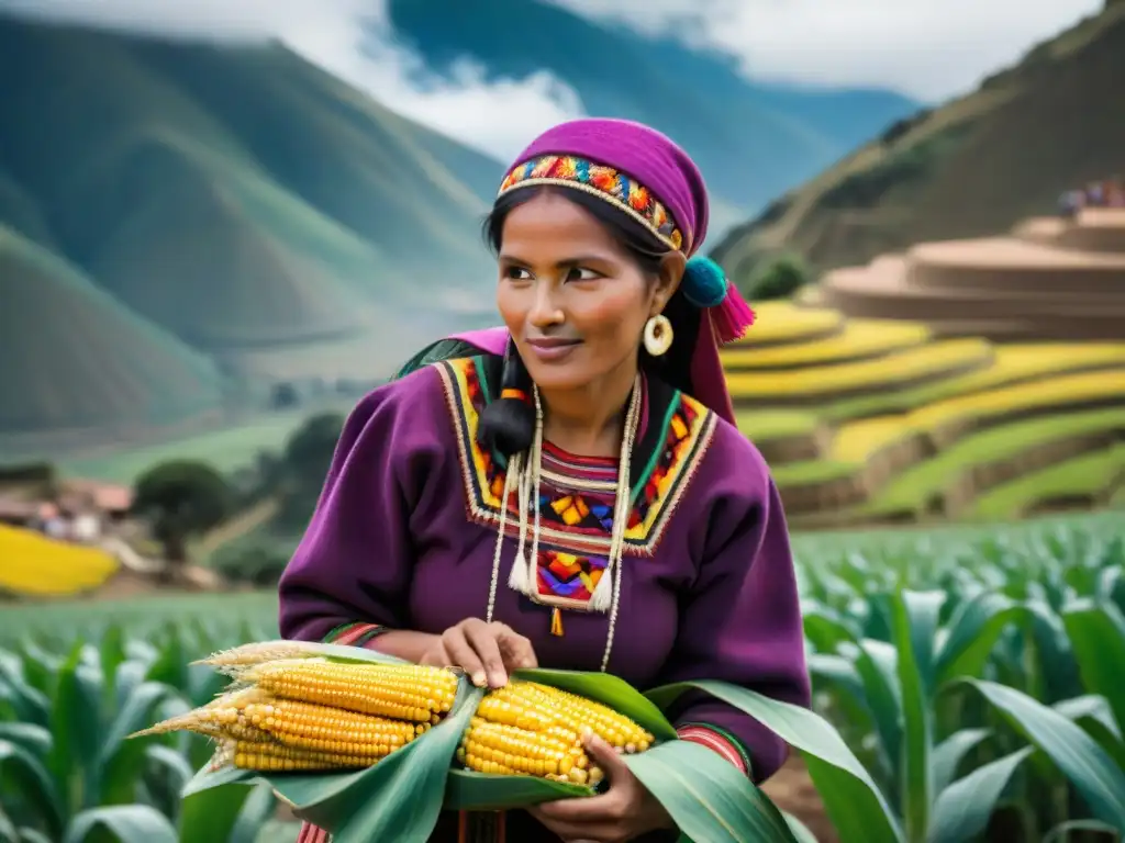 Una mujer peruana tradicional cosecha maíz morado en el Valle Sagrado de los Incas, destacando la conexión cultural