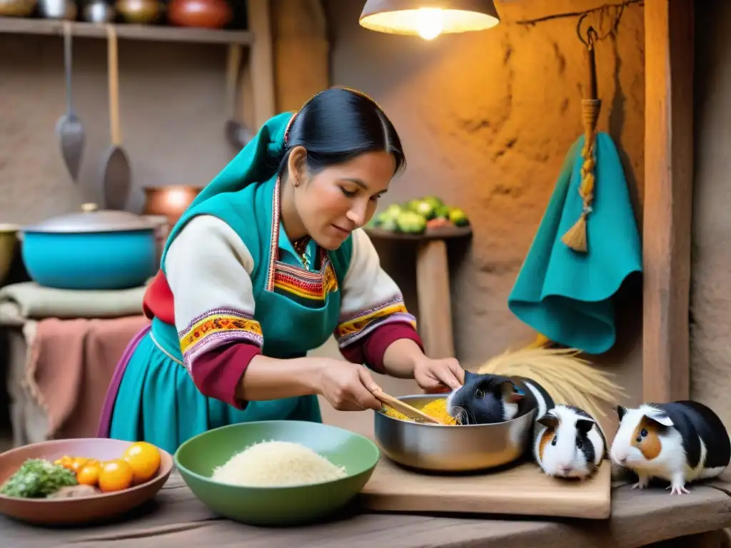 Una mujer peruana tradicional preparando cuy en cocina rústica