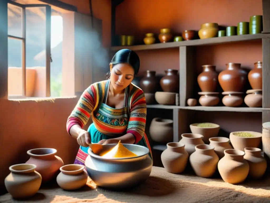 Una mujer peruana tradicional experta en fermentación en una cocina rústica