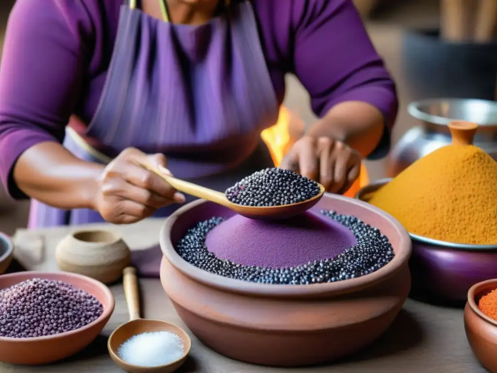 Una mujer peruana tradicional experta en la preparación de chicha morada, resaltando los beneficios del maíz morado en su cultura