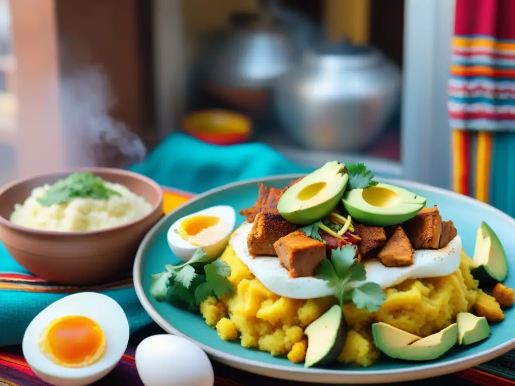 Una mujer peruana tradicional elabora una exquisita Causa Limeña en una cocina rústica de Lima, rodeada de elementos autóctonos y coloridos