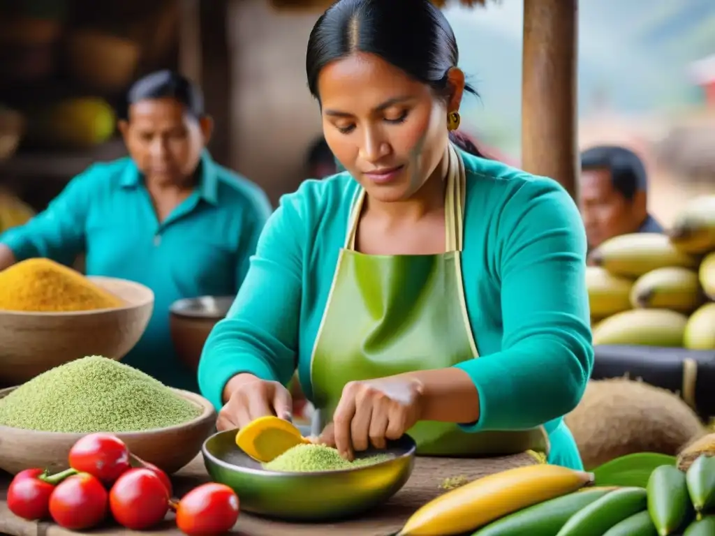 Mujer peruana tradicional preparando harina de plátano verde peruano en mercado colorido