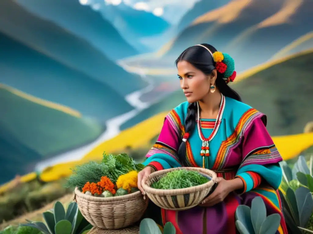 Una mujer peruana tradicional seleccionando hierbas andinas en los majestuosos Andes