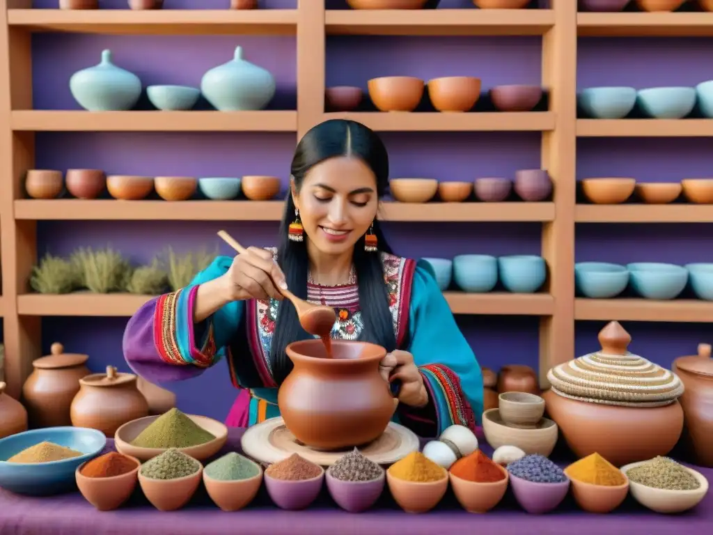 Una mujer peruana tradicional sirviendo mate de coca en la sierra peruana