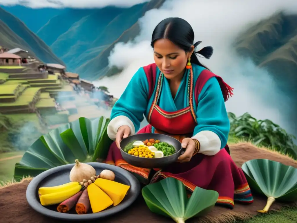 Una mujer peruana tradicional preparando Pachamanca con ingredientes autóctonos en los Andes