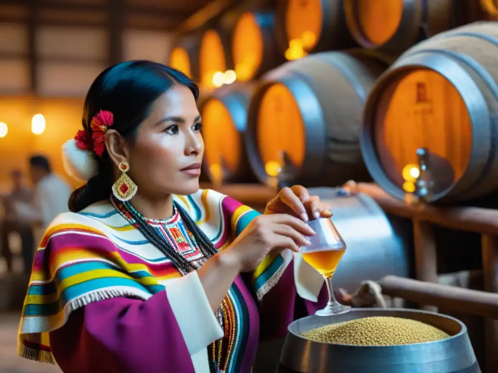 Una mujer peruana tradicional vierte pisco en una destilería rústica