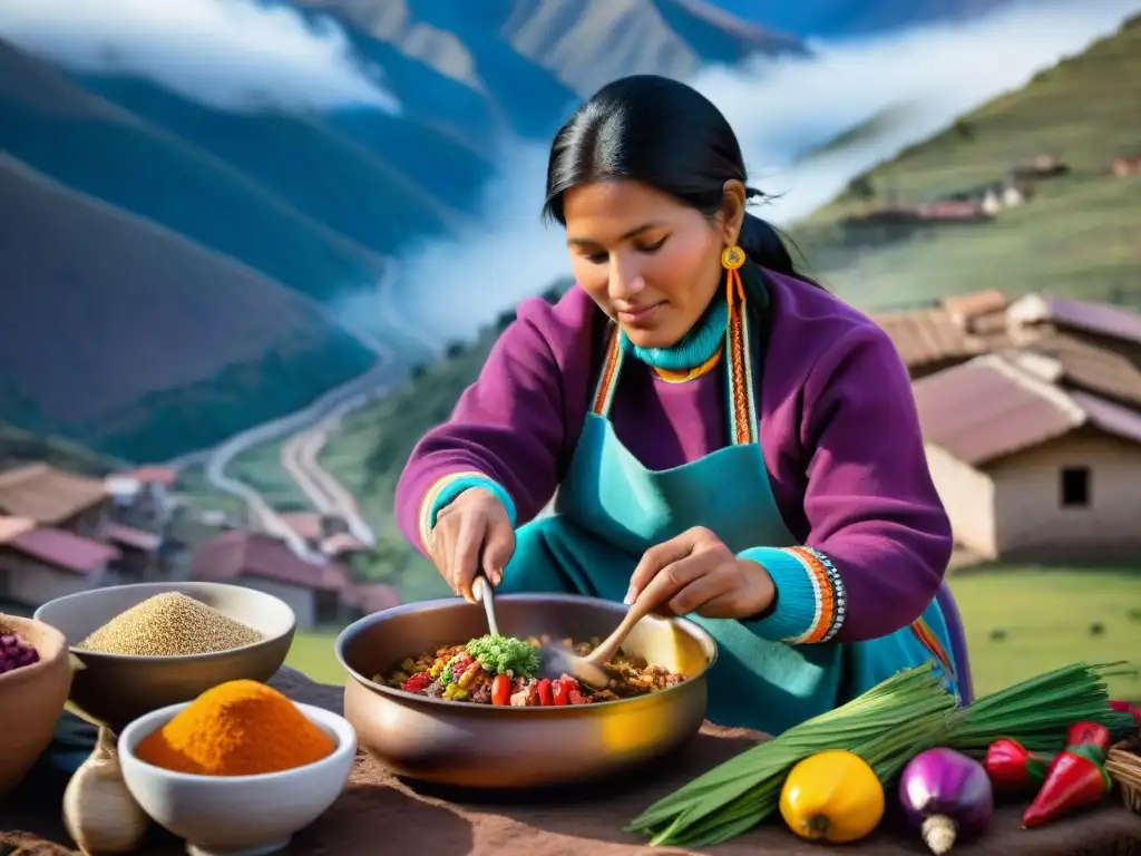 Una mujer peruana tradicional preparando un plato cusqueño en los Andes