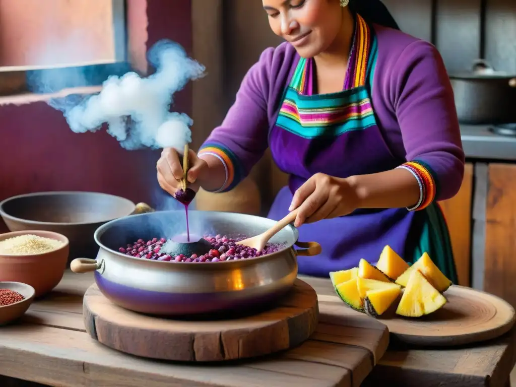 Una mujer peruana tradicional prepara una receta chicha morada tradicional en una cocina rústica