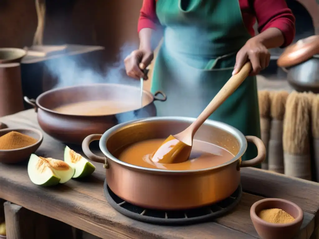 Una mujer peruana tradicional remueve dulce de leche en olla de cobre sobre fuego abierto