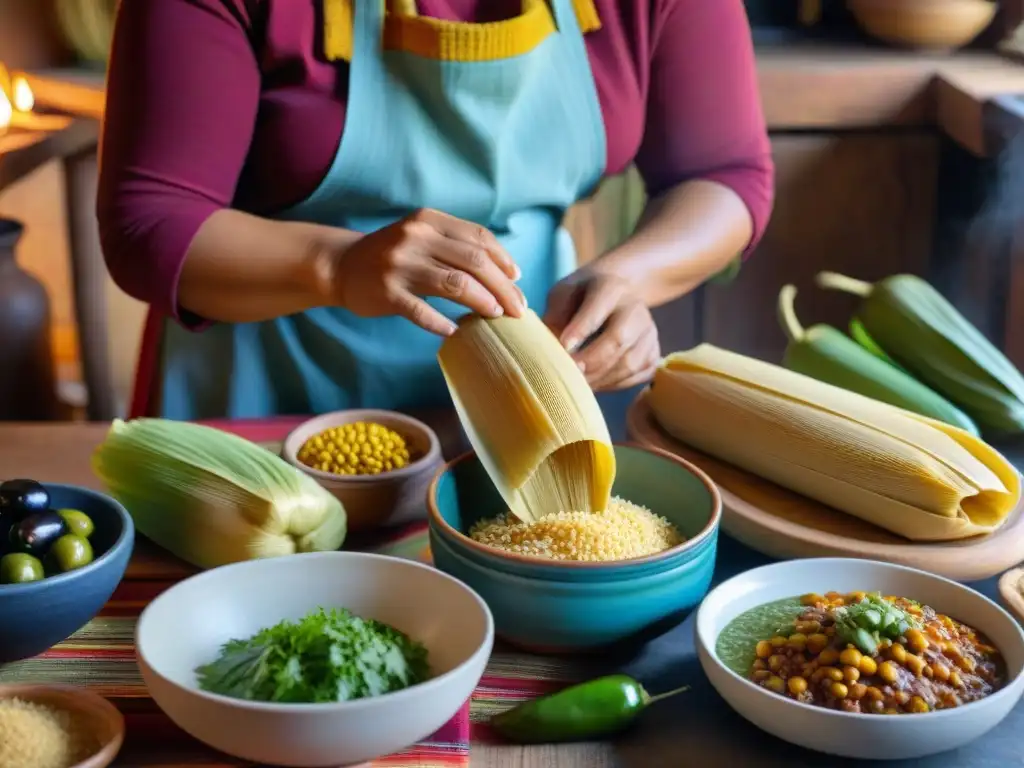 Una mujer peruana tradicional preparando tamales en una cocina rústica, resaltando la historia del tamal peruano tradicional