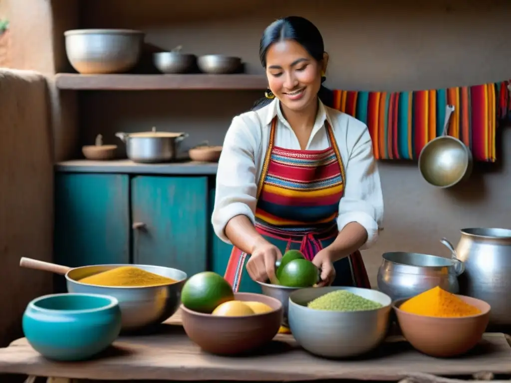 Una mujer peruana en traje andino prepara agua de cebada en una cocina rústica, mostrando autenticidad culinaria en los Andes