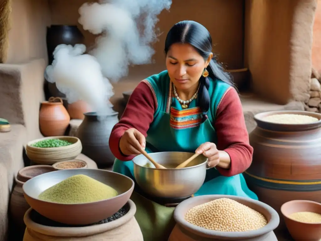 Una mujer peruana en traje andino prepara Agua de Cebada en una cocina rústica de los Andes