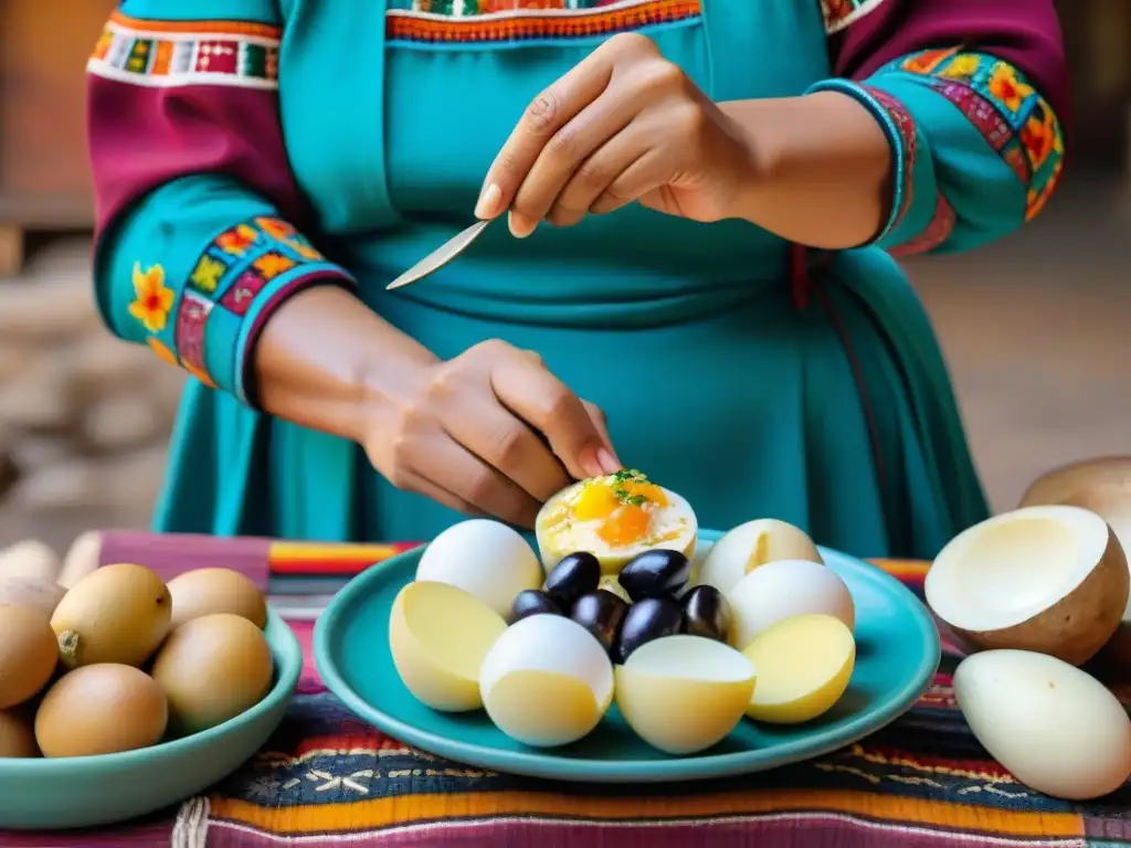 Una mujer peruana viste traje colorido, preparando una receta auténtica de papa a la huancaína en una cocina andina