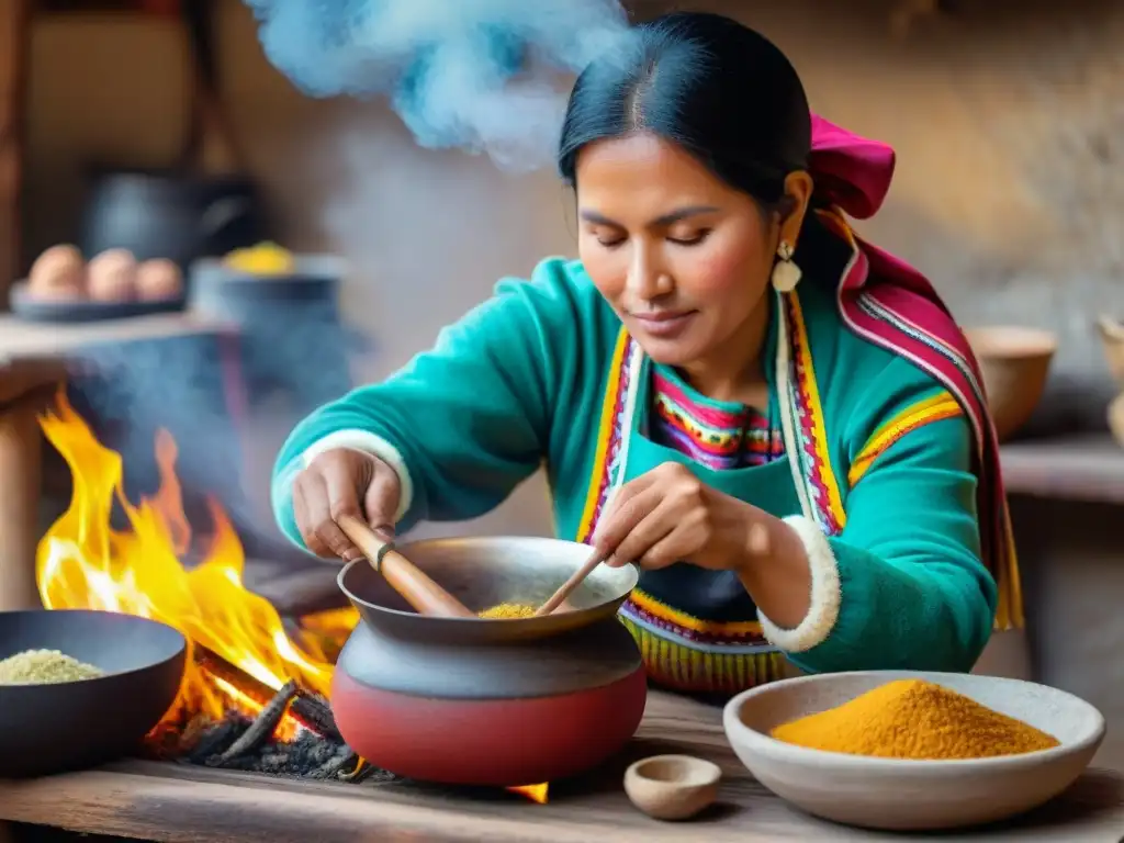 Una mujer peruana en traje indígena colorido preparando Quinua Atamalada en cocina rústica