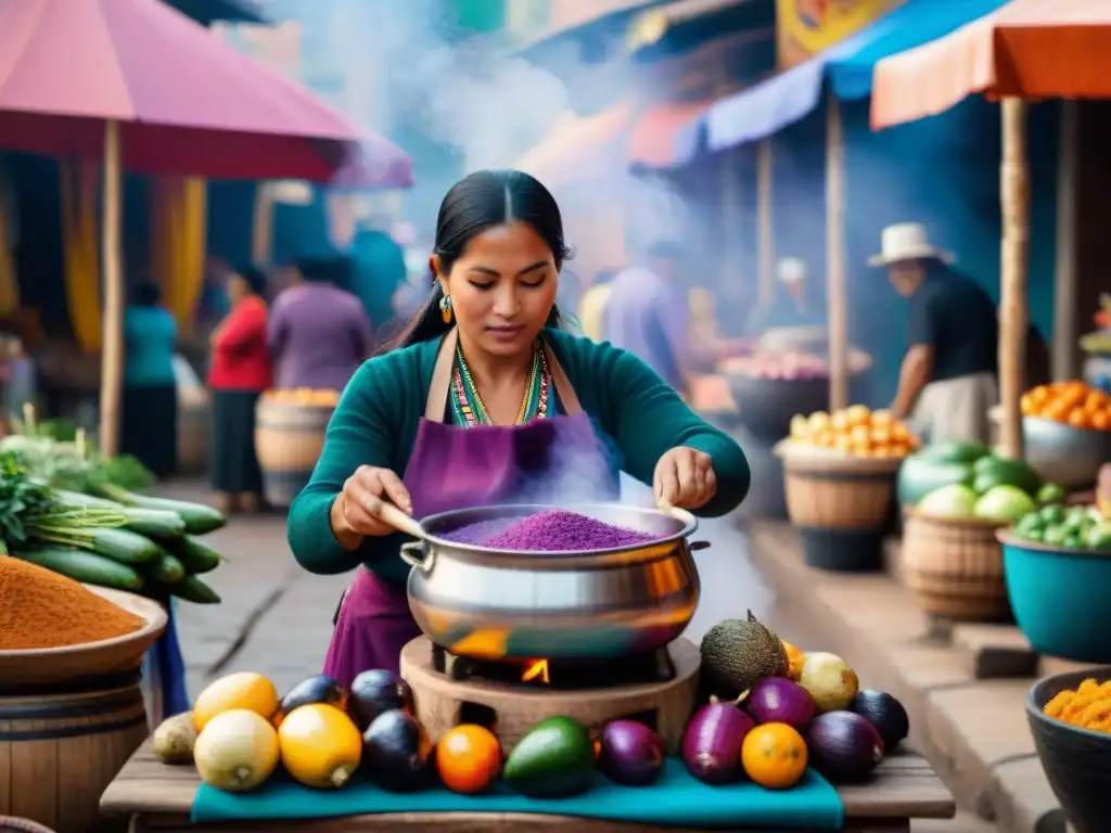 Una mujer peruana en traje indígena remueve chicha morada en un mercado vibrante