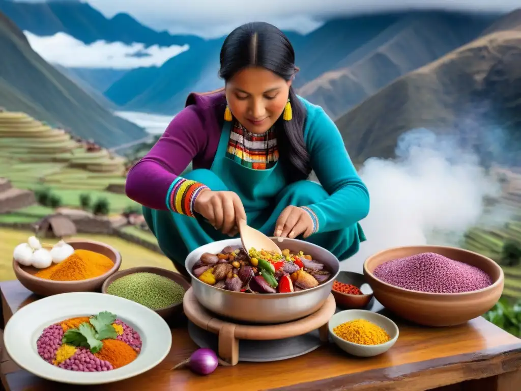 Una mujer peruana en traje indígena colorido prepara un delicioso estofado peruano con ingredientes autóctonos, con los Andes de fondo