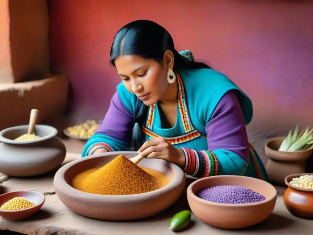 Una mujer peruana en traje indígena preparando chicha en una cocina rústica